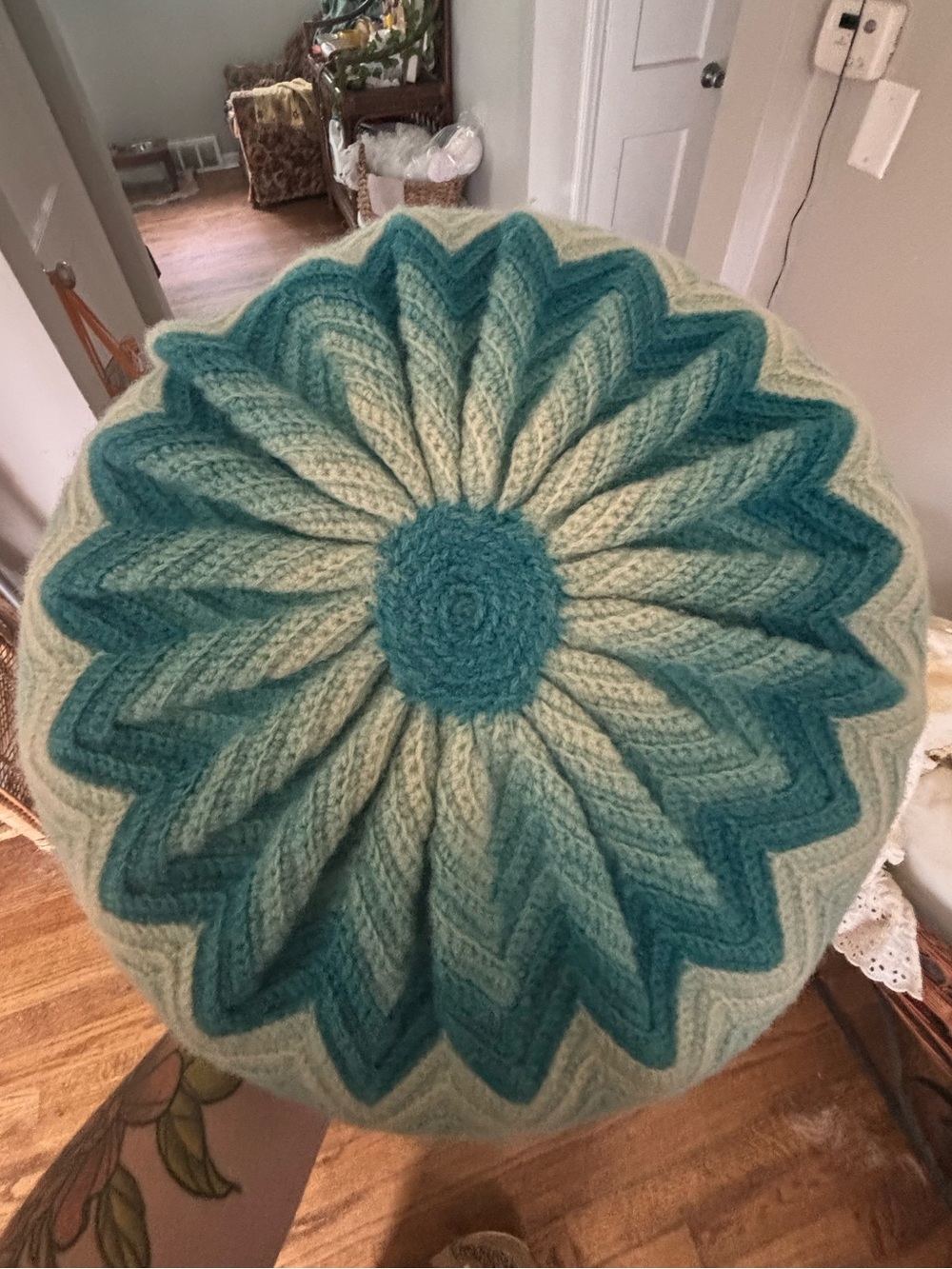 Handmade Round Knit Pillow in Shades of Blue